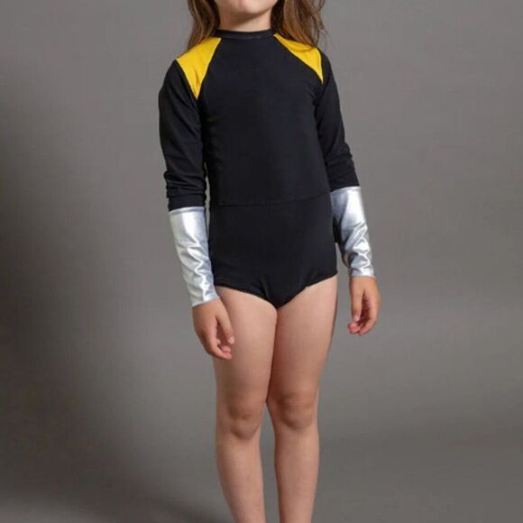 nununu Tricolor Black Yellow Silver Long Sleeved Rashguard Swimsuit Size 4-5Y - Picture 1 of 5